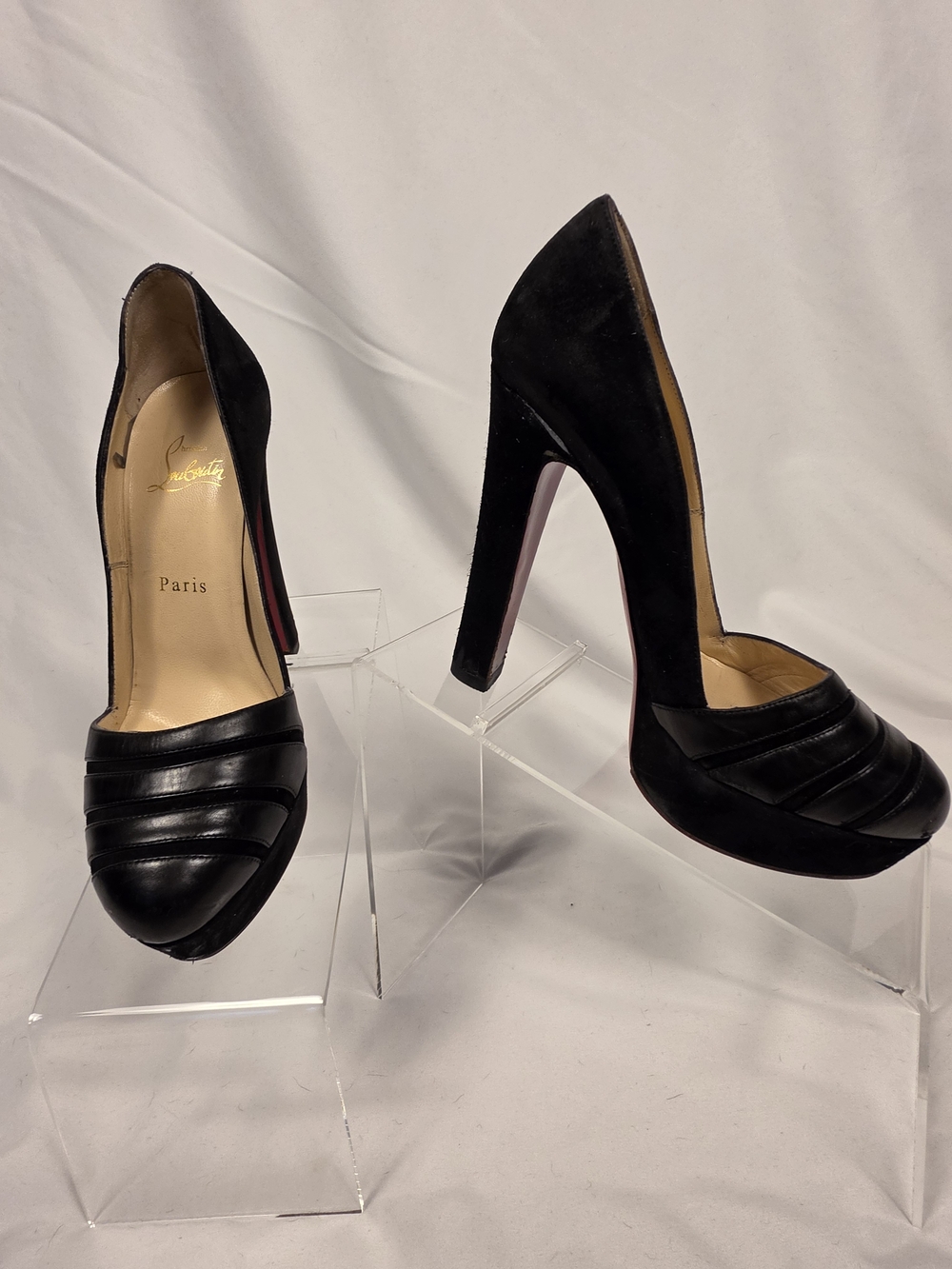 Christian Louboutin Black Suede & Mixed Leather Mixed Media Platform Pumps 37